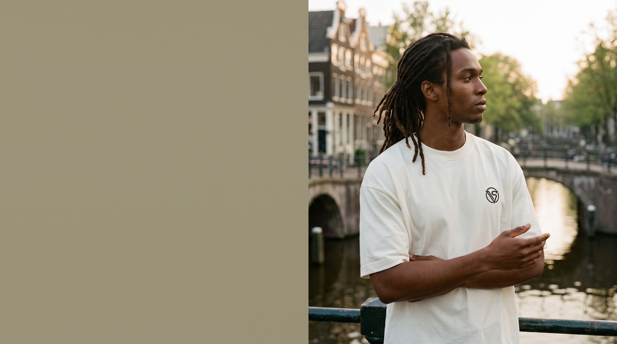 Model wearing Visionair Society cream cotton graphic tee by European canal — Meridian Drop 01