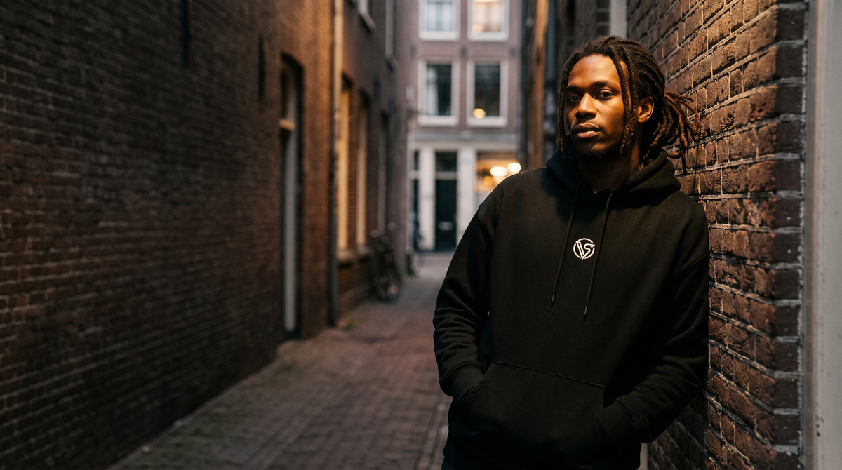Model in Visionair Society cream cotton tee in European city alley — Meridian Drop 01 streetwear